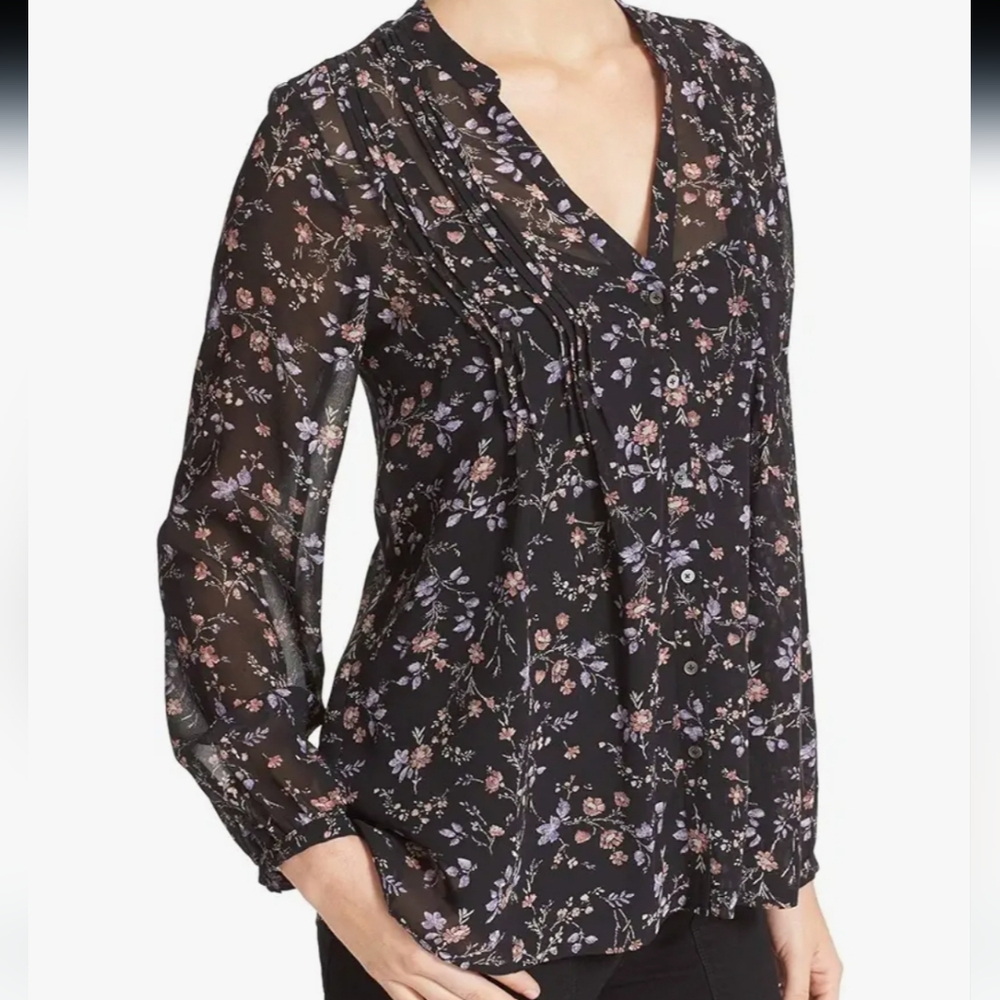 NWOT Joie Martine 100% Silk Floral Black Sheer Blouse Cottagecore Pintuck